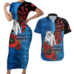 Canterbury-Bankstown Bulldogs ANZAC Personalised Couples Matching Short Sleeve Bodycon Dress and Hawaiian Shirt Lest We Forget Poppy Camo