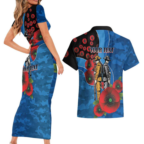 Canterbury-Bankstown Bulldogs ANZAC Personalised Couples Matching Short Sleeve Bodycon Dress and Hawaiian Shirt Lest We Forget Poppy Camo