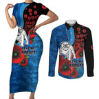 Canterbury-Bankstown Bulldogs ANZAC Personalised Couples Matching Short Sleeve Bodycon Dress and Long Sleeve Button Shirt Lest We Forget Poppy Camo