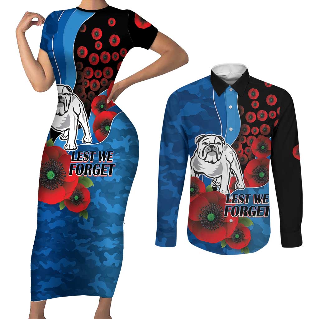 Canterbury-Bankstown Bulldogs ANZAC Personalised Couples Matching Short Sleeve Bodycon Dress and Long Sleeve Button Shirt Lest We Forget Poppy Camo