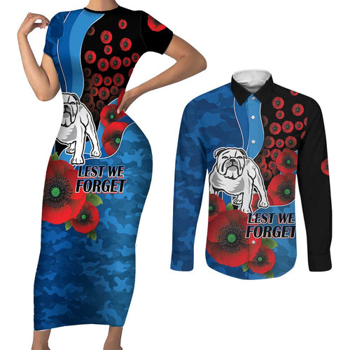 Canterbury-Bankstown Bulldogs ANZAC Personalised Couples Matching Short Sleeve Bodycon Dress and Long Sleeve Button Shirt Lest We Forget Poppy Camo