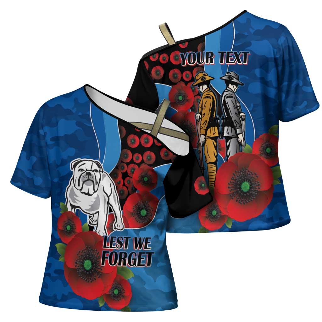 Canterbury-Bankstown Bulldogs ANZAC Personalised Cross Shoulder Shirt Lest We Forget Poppy Camo