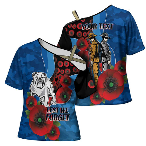 Canterbury-Bankstown Bulldogs ANZAC Personalised Cross Shoulder Shirt Lest We Forget Poppy Camo