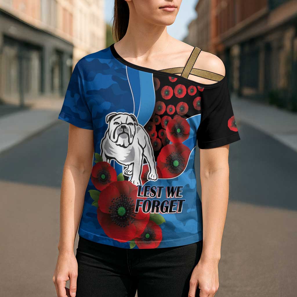 Canterbury-Bankstown Bulldogs ANZAC Personalised Cross Shoulder Shirt Lest We Forget Poppy Camo