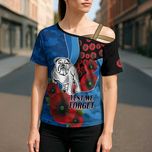 Canterbury-Bankstown Bulldogs ANZAC Personalised Cross Shoulder Shirt Lest We Forget Poppy Camo