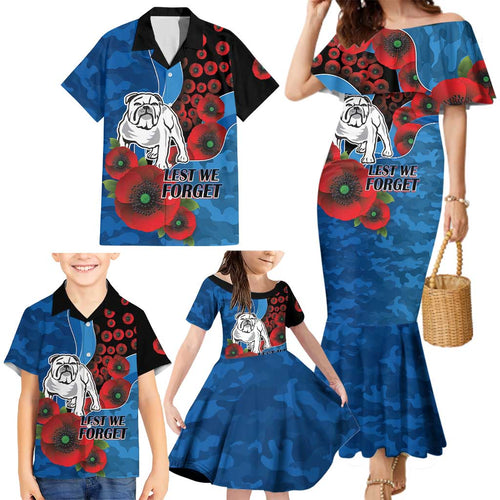 Canterbury-Bankstown Bulldogs ANZAC Personalised Family Matching Mermaid Dress and Hawaiian Shirt Lest We Forget Poppy Camo