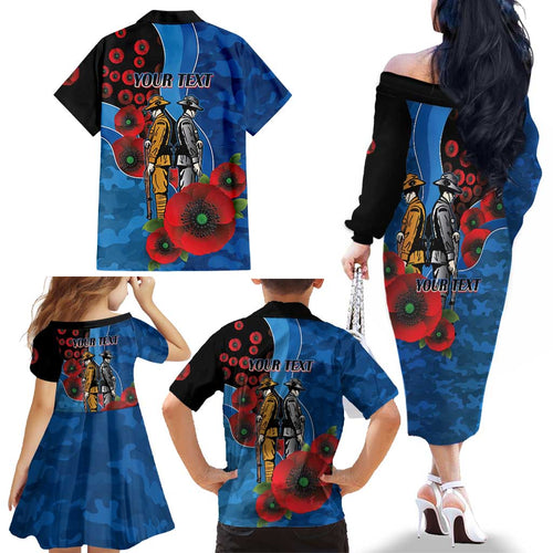 Canterbury-Bankstown Bulldogs ANZAC Personalised Family Matching Off The Shoulder Long Sleeve Dress and Hawaiian Shirt Lest We Forget Poppy Camo