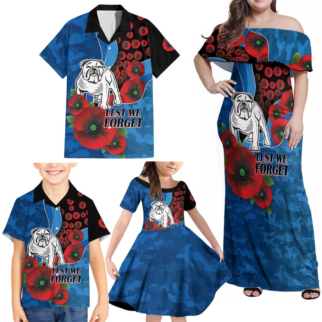 Canterbury-Bankstown Bulldogs ANZAC Personalised Family Matching Off Shoulder Maxi Dress and Hawaiian Shirt Lest We Forget Poppy Camo