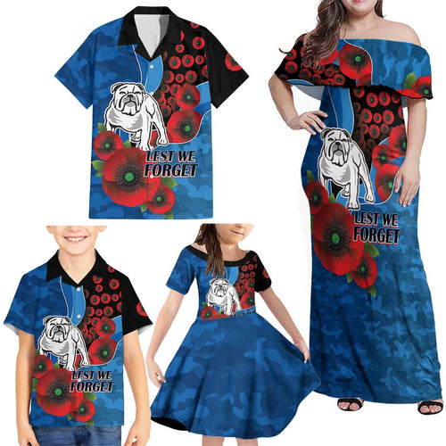 Canterbury-Bankstown Bulldogs ANZAC Personalised Family Matching Off Shoulder Maxi Dress and Hawaiian Shirt Lest We Forget Poppy Camo