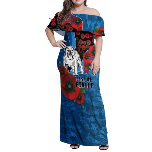 Canterbury-Bankstown Bulldogs ANZAC Personalised Family Matching Off Shoulder Maxi Dress and Hawaiian Shirt Lest We Forget Poppy Camo