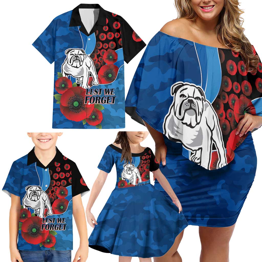 Canterbury-Bankstown Bulldogs ANZAC Personalised Family Matching Off Shoulder Short Dress and Hawaiian Shirt Lest We Forget Poppy Camo