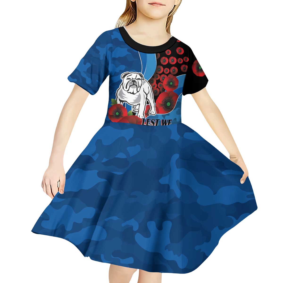 Canterbury-Bankstown Bulldogs ANZAC Personalised Kid Short Sleeve Dress Lest We Forget Poppy Camo