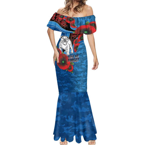 Canterbury-Bankstown Bulldogs ANZAC Personalised Mermaid Dress Lest We Forget Poppy Camo