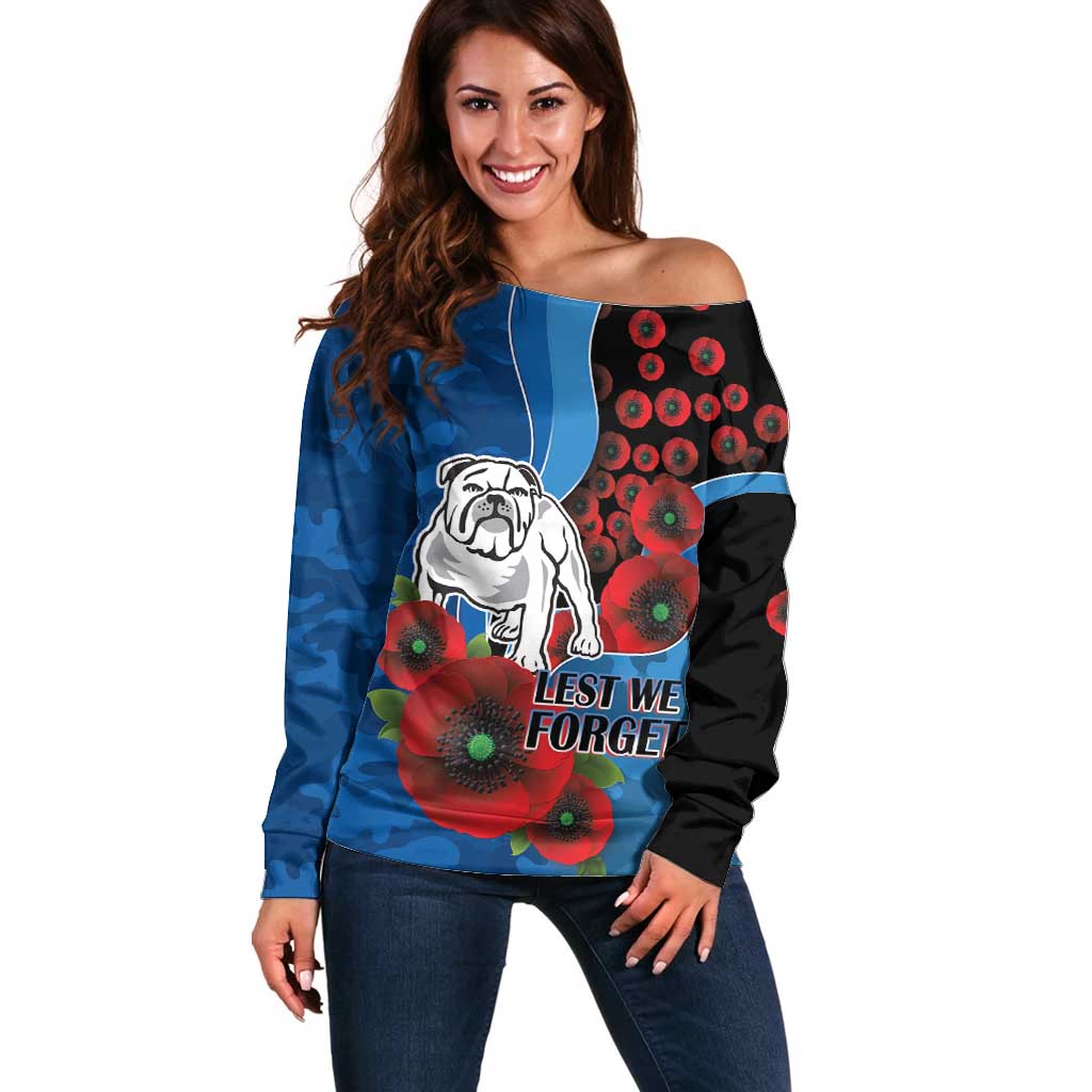 Canterbury-Bankstown Bulldogs ANZAC Personalised Off Shoulder Sweater Lest We Forget Poppy Camo