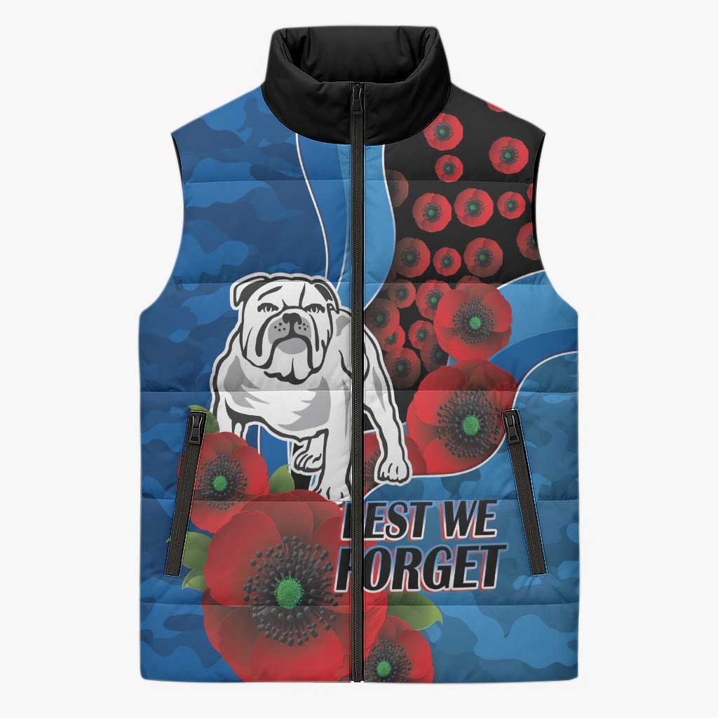 Canterbury-Bankstown Bulldogs ANZAC Personalised Sleeveless Puffer Jacket Lest We Forget Poppy Camo