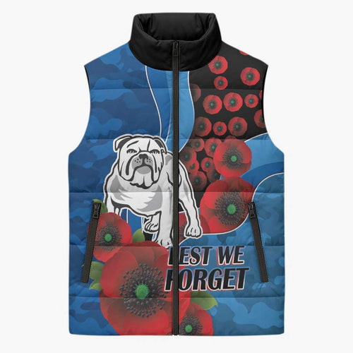 Canterbury-Bankstown Bulldogs ANZAC Personalised Sleeveless Puffer Jacket Lest We Forget Poppy Camo