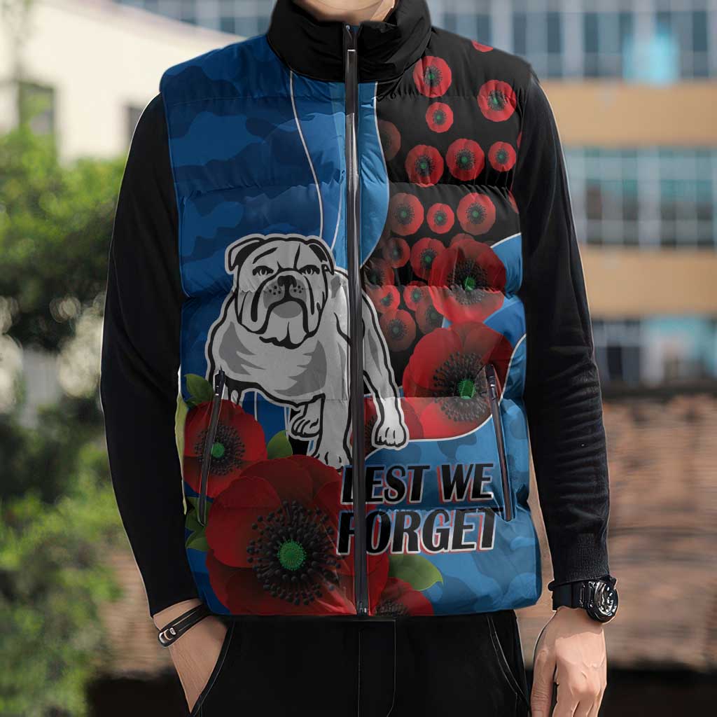 Canterbury-Bankstown Bulldogs ANZAC Personalised Sleeveless Puffer Jacket Lest We Forget Poppy Camo