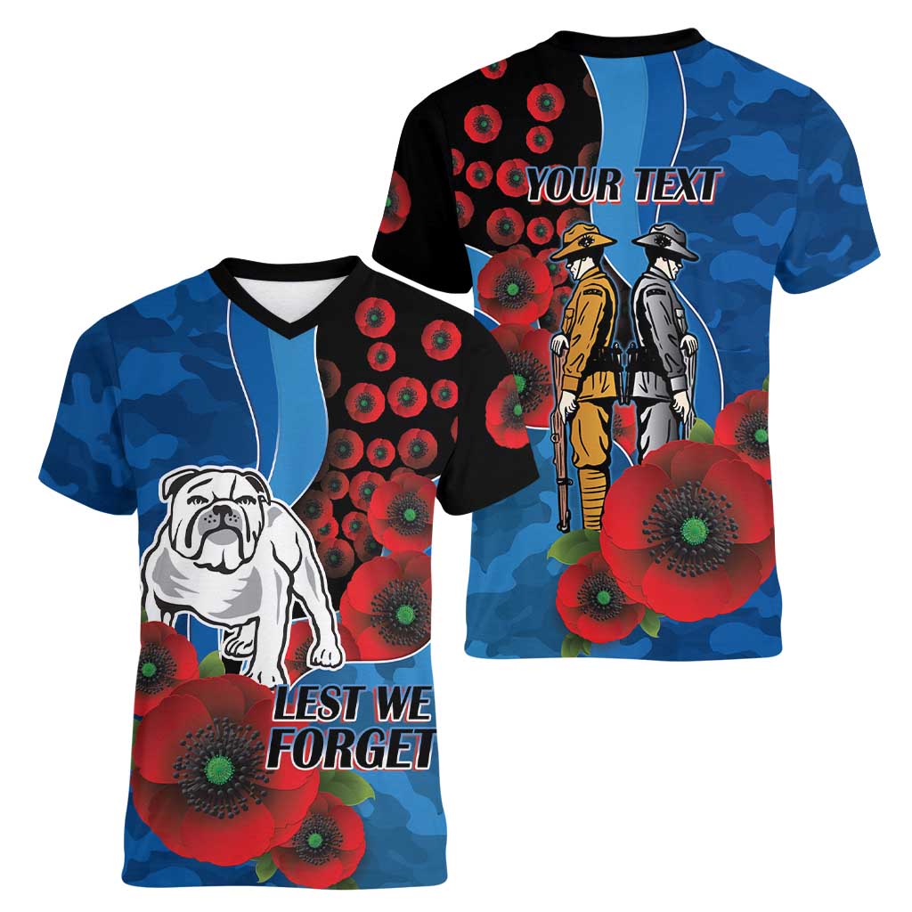 Canterbury-Bankstown Bulldogs ANZAC Personalised Women V-Neck T-Shirt Lest We Forget Poppy Camo