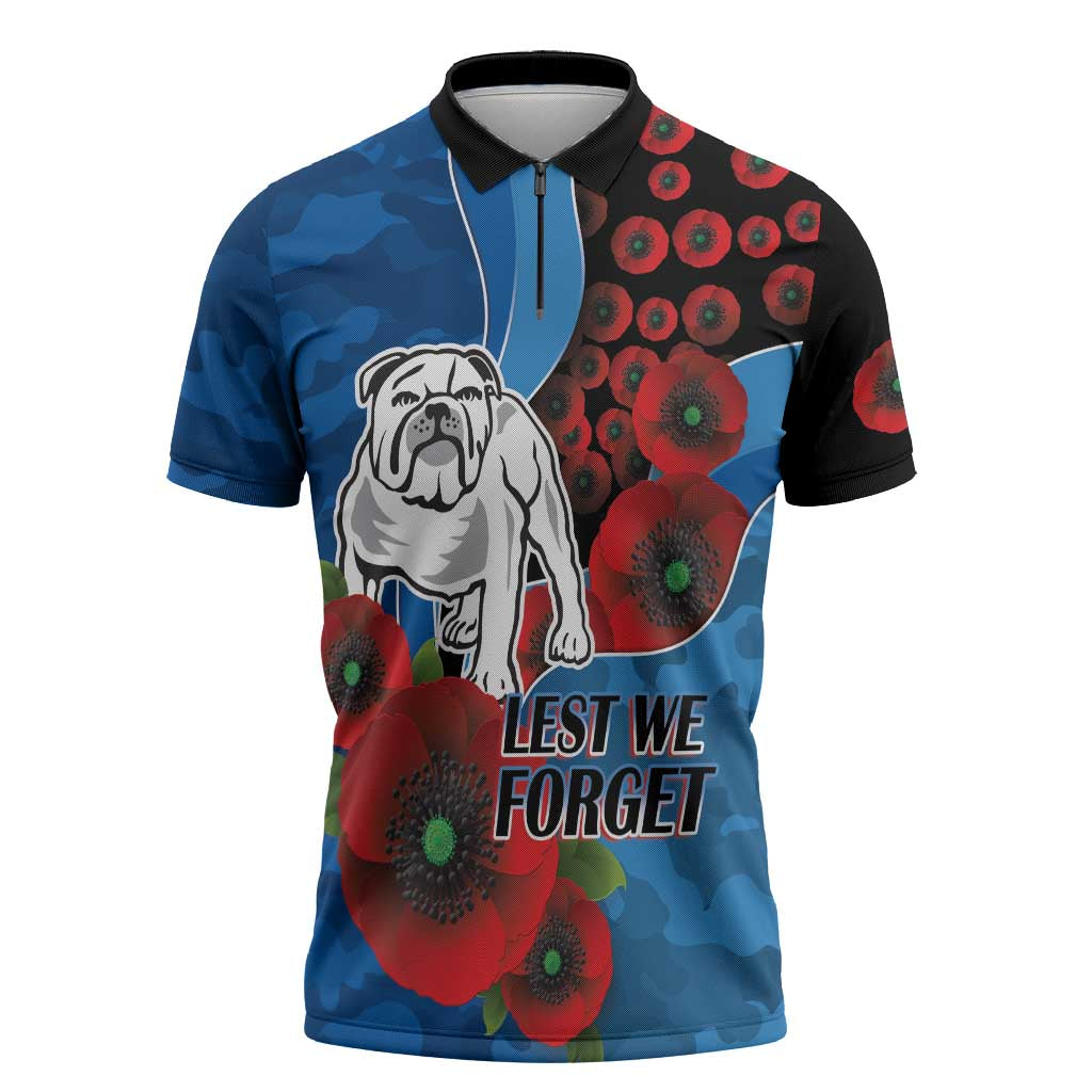 Canterbury-Bankstown Bulldogs ANZAC Personalised Zipper Polo Shirt Lest We Forget Poppy Camo