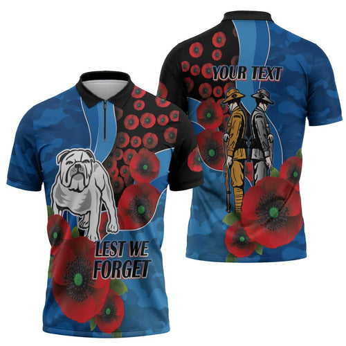 Canterbury-Bankstown Bulldogs ANZAC Personalised Zipper Polo Shirt Lest We Forget Poppy Camo
