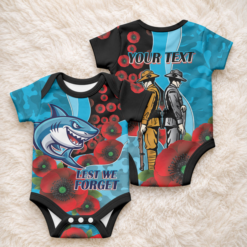 Cronulla-Sutherland Sharks ANZAC Personalised Baby Onesie Lest We Forget Poppy Camo