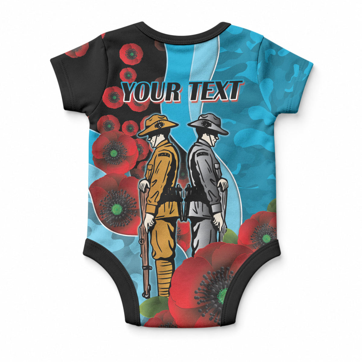 Cronulla-Sutherland Sharks ANZAC Personalised Baby Onesie Lest We Forget Poppy Camo