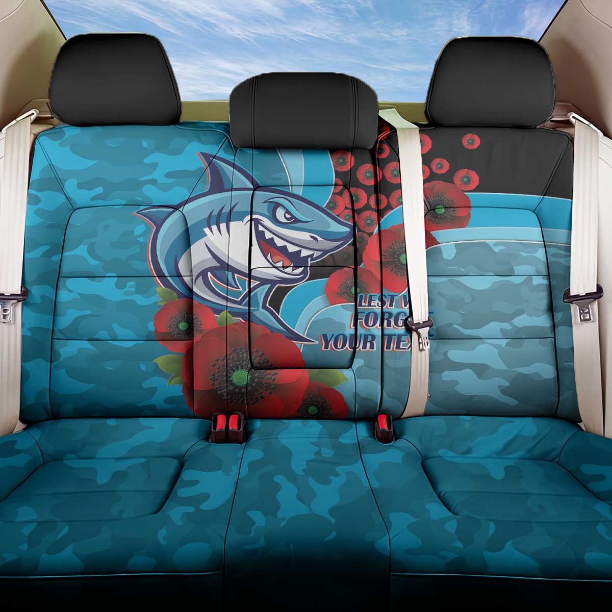 Cronulla-Sutherland Sharks ANZAC Personalised Back Car Seat Cover Lest We Forget Poppy Camo