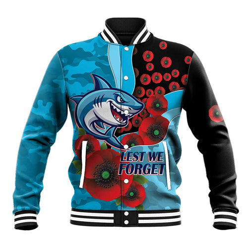 Cronulla-Sutherland Sharks ANZAC Personalised Baseball Jacket Lest We Forget Poppy Camo