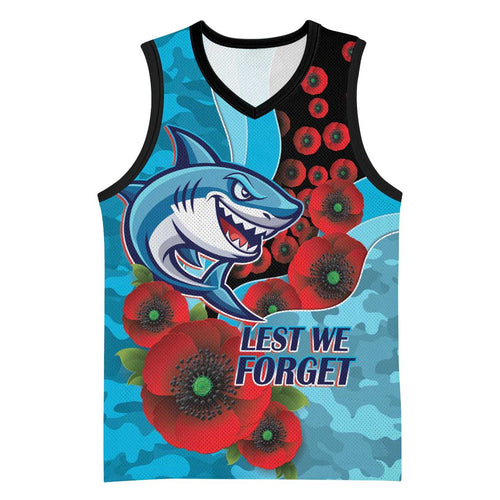 Cronulla-Sutherland Sharks ANZAC Personalised Basketball Jersey Lest We Forget Poppy Camo