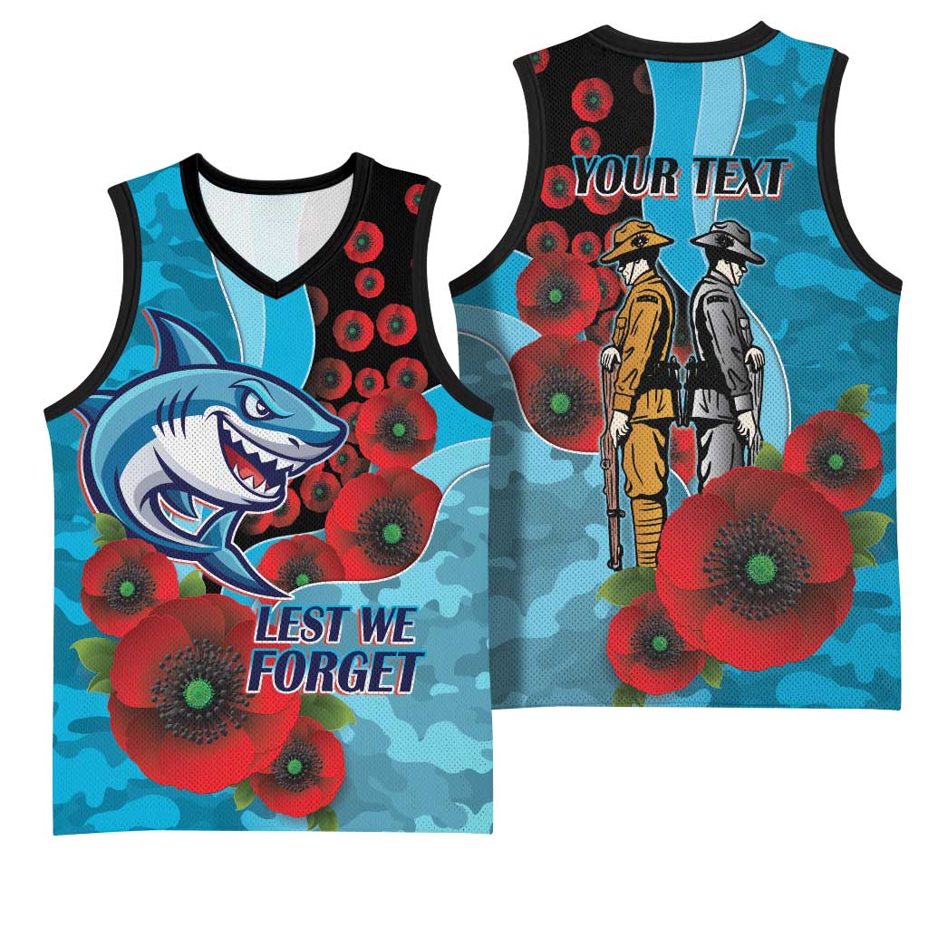 Cronulla-Sutherland Sharks ANZAC Personalised Basketball Jersey Lest We Forget Poppy Camo