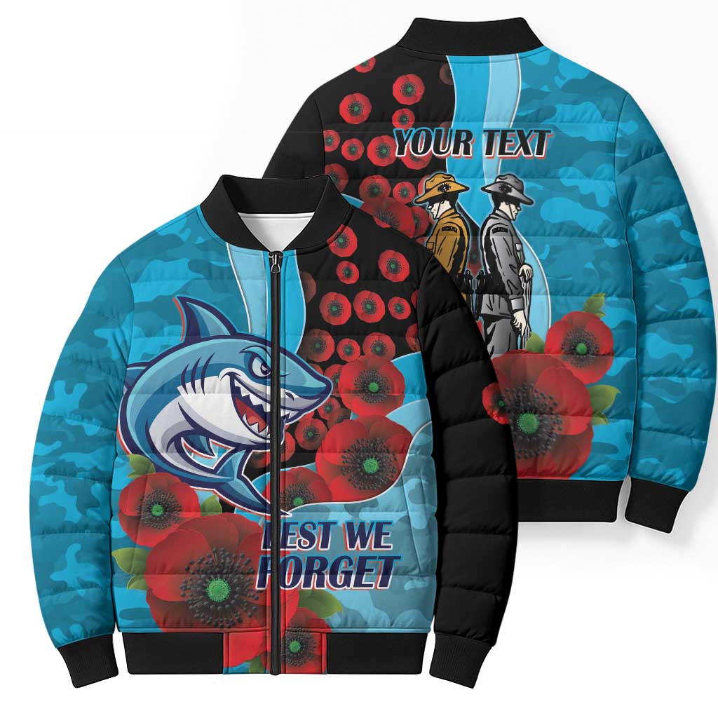 Cronulla-Sutherland Sharks ANZAC Personalised Bomber Puffer Jacket Lest We Forget Poppy Camo