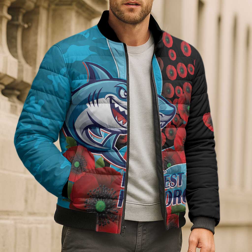 Cronulla-Sutherland Sharks ANZAC Personalised Bomber Puffer Jacket Lest We Forget Poppy Camo