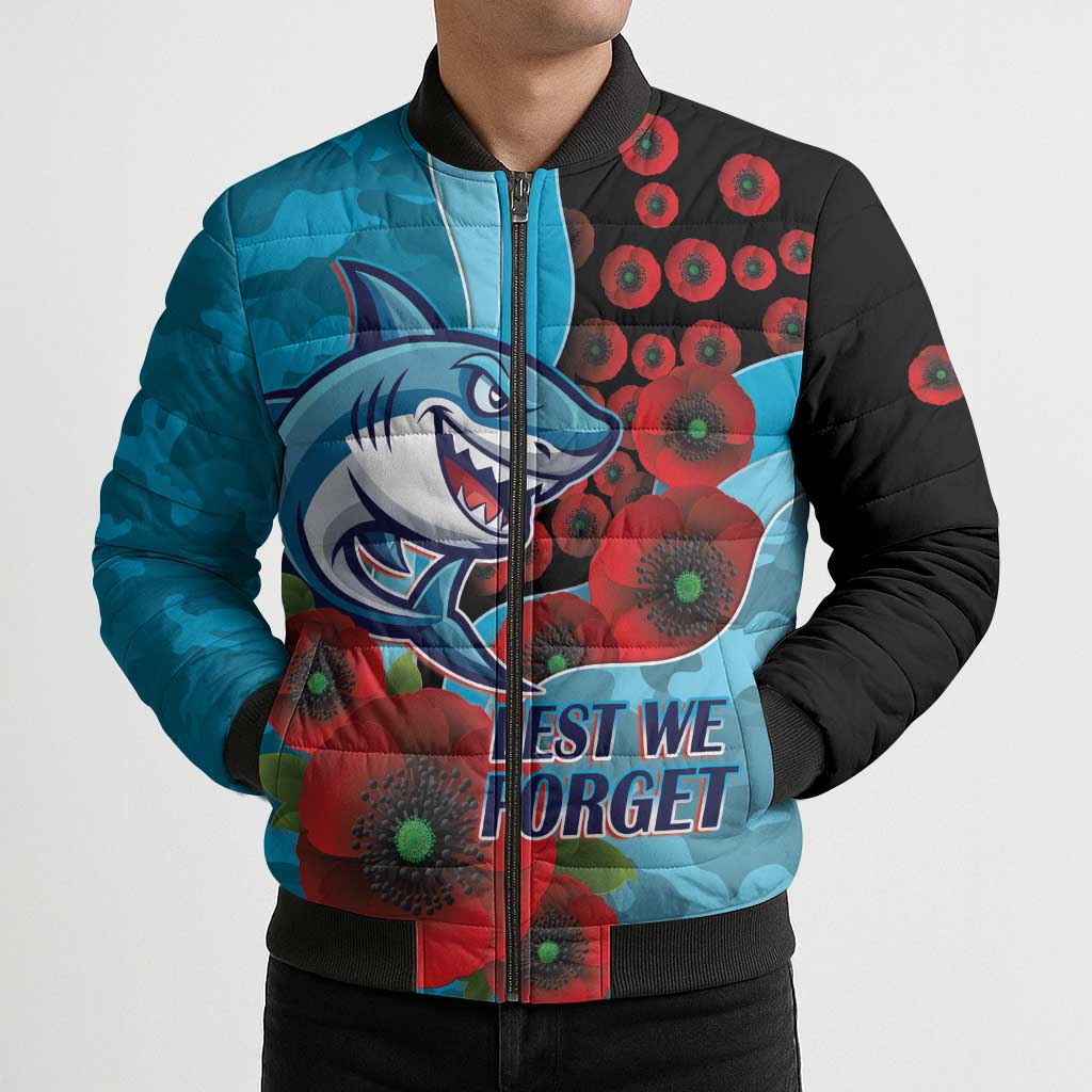 Cronulla-Sutherland Sharks ANZAC Personalised Bomber Puffer Jacket Lest We Forget Poppy Camo