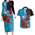 Cronulla-Sutherland Sharks ANZAC Personalised Couples Matching Long Sleeve Bodycon Dress and Hawaiian Shirt Lest We Forget Poppy Camo