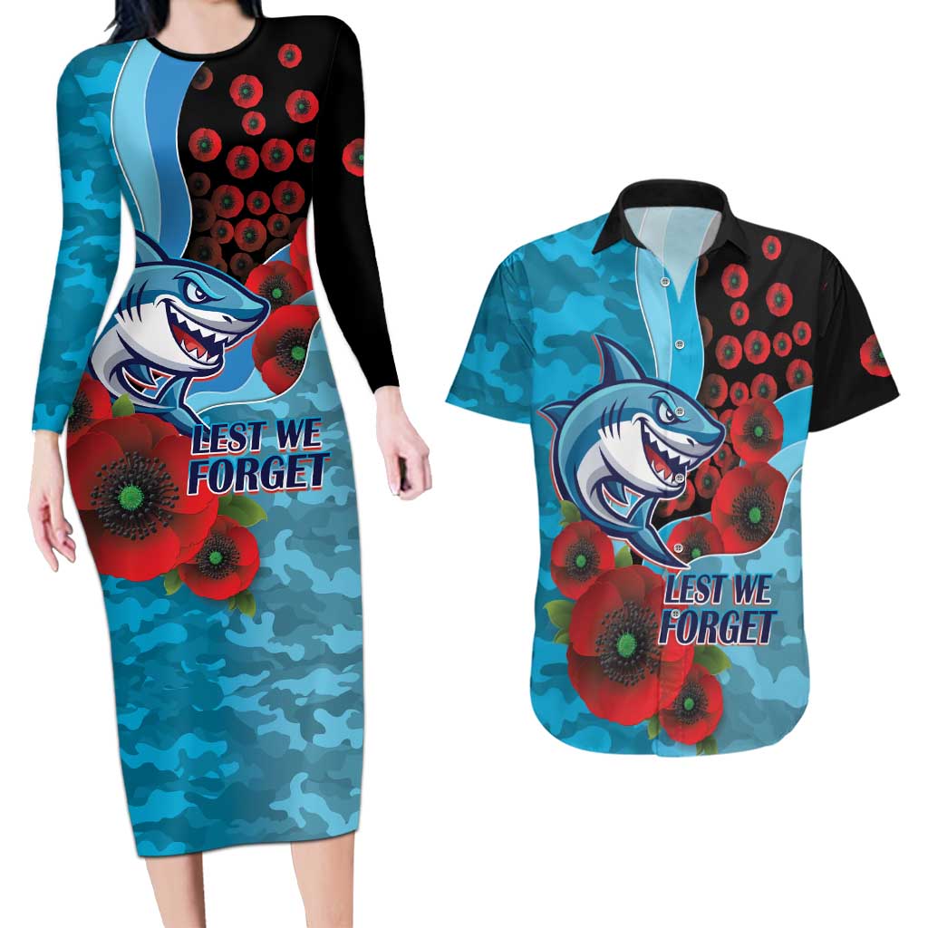 Cronulla-Sutherland Sharks ANZAC Personalised Couples Matching Long Sleeve Bodycon Dress and Hawaiian Shirt Lest We Forget Poppy Camo