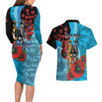 Cronulla-Sutherland Sharks ANZAC Personalised Couples Matching Long Sleeve Bodycon Dress and Hawaiian Shirt Lest We Forget Poppy Camo