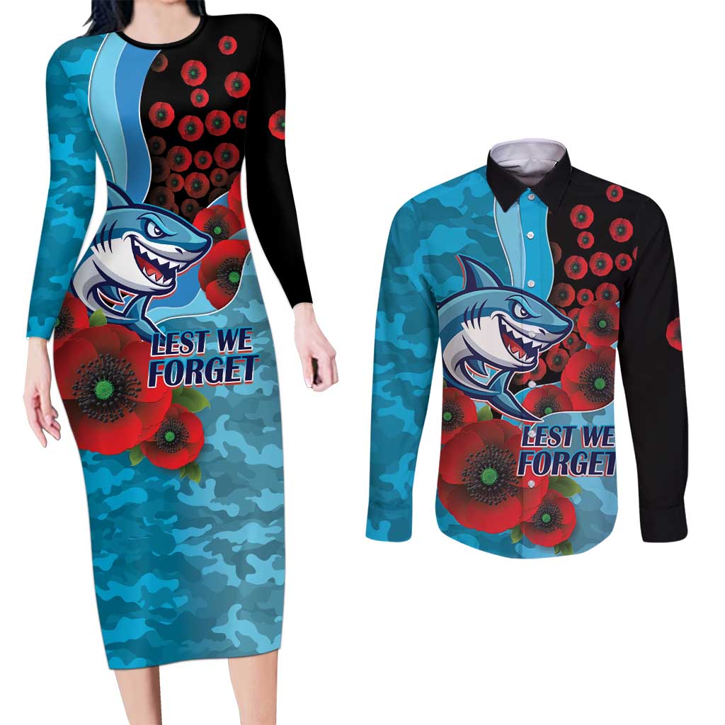Cronulla-Sutherland Sharks ANZAC Personalised Couples Matching Long Sleeve Bodycon Dress and Long Sleeve Button Shirt Lest We Forget Poppy Camo