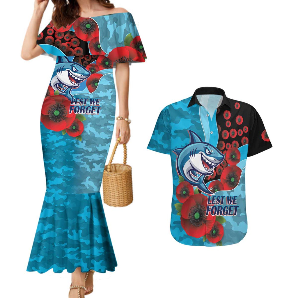 Cronulla-Sutherland Sharks ANZAC Personalised Couples Matching Mermaid Dress and Hawaiian Shirt Lest We Forget Poppy Camo