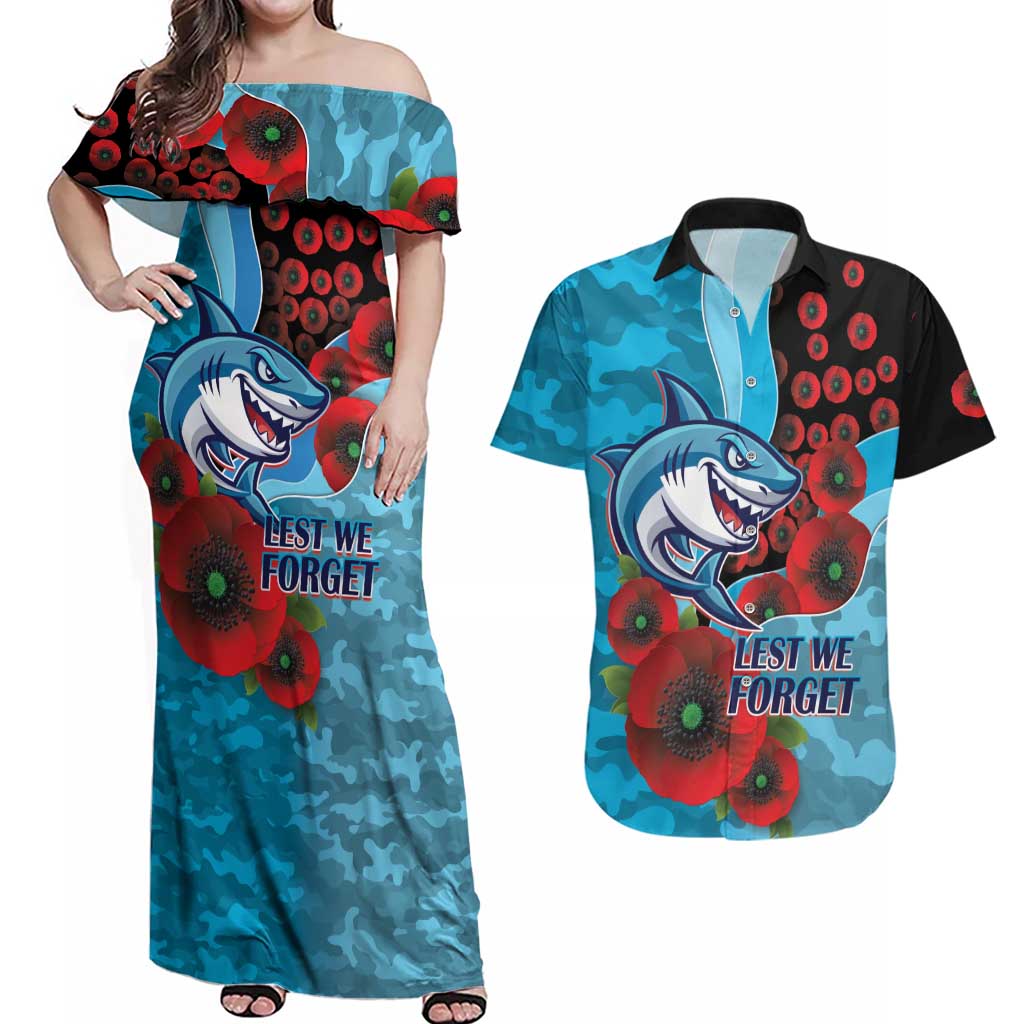 Cronulla-Sutherland Sharks ANZAC Personalised Couples Matching Off Shoulder Maxi Dress and Hawaiian Shirt Lest We Forget Poppy Camo