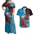 Cronulla-Sutherland Sharks ANZAC Personalised Couples Matching Off Shoulder Maxi Dress and Hawaiian Shirt Lest We Forget Poppy Camo