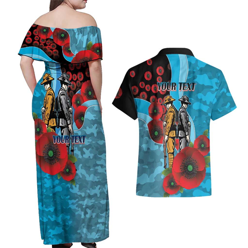 Cronulla-Sutherland Sharks ANZAC Personalised Couples Matching Off Shoulder Maxi Dress and Hawaiian Shirt Lest We Forget Poppy Camo
