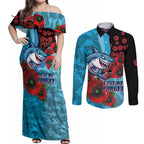Cronulla-Sutherland Sharks ANZAC Personalised Couples Matching Off Shoulder Maxi Dress and Long Sleeve Button Shirt Lest We Forget Poppy Camo