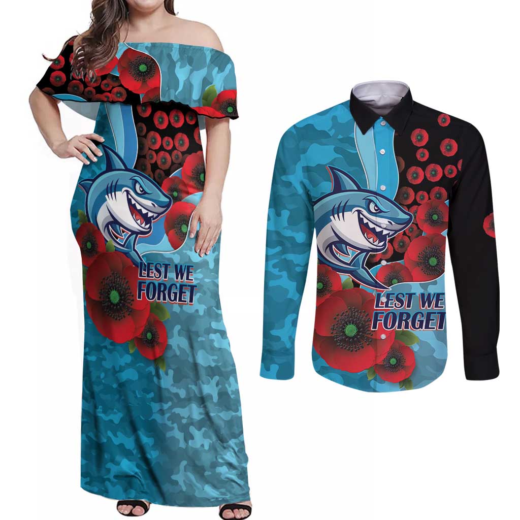 Cronulla-Sutherland Sharks ANZAC Personalised Couples Matching Off Shoulder Maxi Dress and Long Sleeve Button Shirt Lest We Forget Poppy Camo