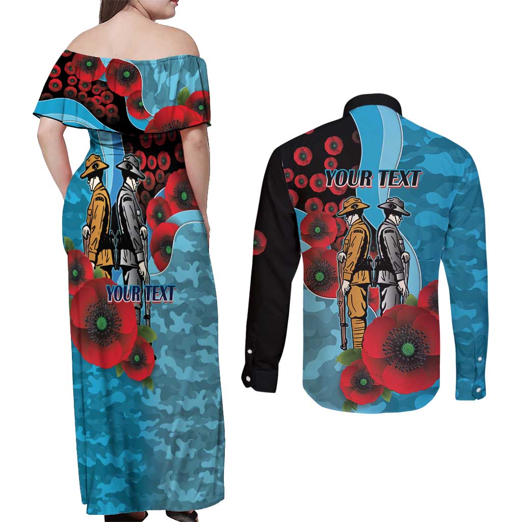 Cronulla-Sutherland Sharks ANZAC Personalised Couples Matching Off Shoulder Maxi Dress and Long Sleeve Button Shirt Lest We Forget Poppy Camo