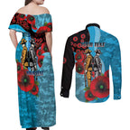 Cronulla-Sutherland Sharks ANZAC Personalised Couples Matching Off Shoulder Maxi Dress and Long Sleeve Button Shirt Lest We Forget Poppy Camo