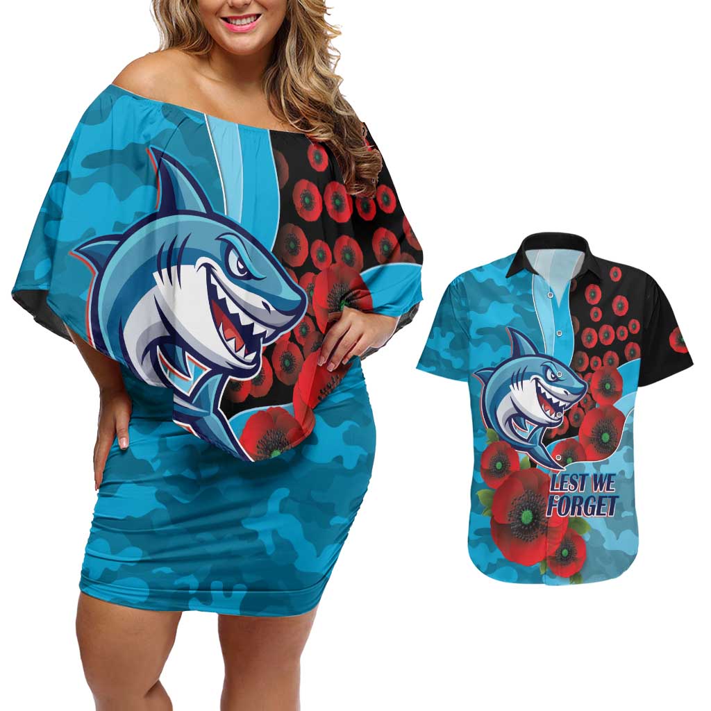 Cronulla-Sutherland Sharks ANZAC Personalised Couples Matching Off Shoulder Short Dress and Hawaiian Shirt Lest We Forget Poppy Camo