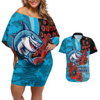 Cronulla-Sutherland Sharks ANZAC Personalised Couples Matching Off Shoulder Short Dress and Hawaiian Shirt Lest We Forget Poppy Camo