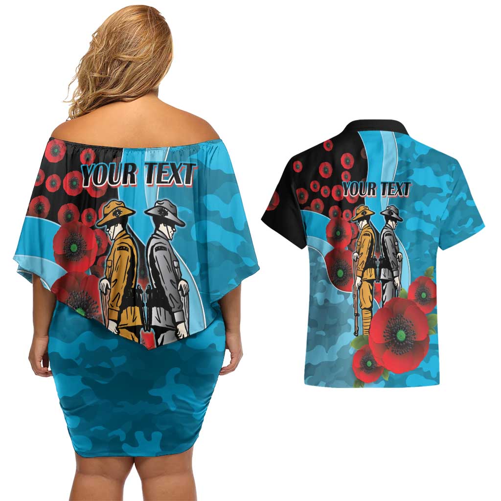 Cronulla-Sutherland Sharks ANZAC Personalised Couples Matching Off Shoulder Short Dress and Hawaiian Shirt Lest We Forget Poppy Camo