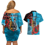 Cronulla-Sutherland Sharks ANZAC Personalised Couples Matching Off Shoulder Short Dress and Hawaiian Shirt Lest We Forget Poppy Camo