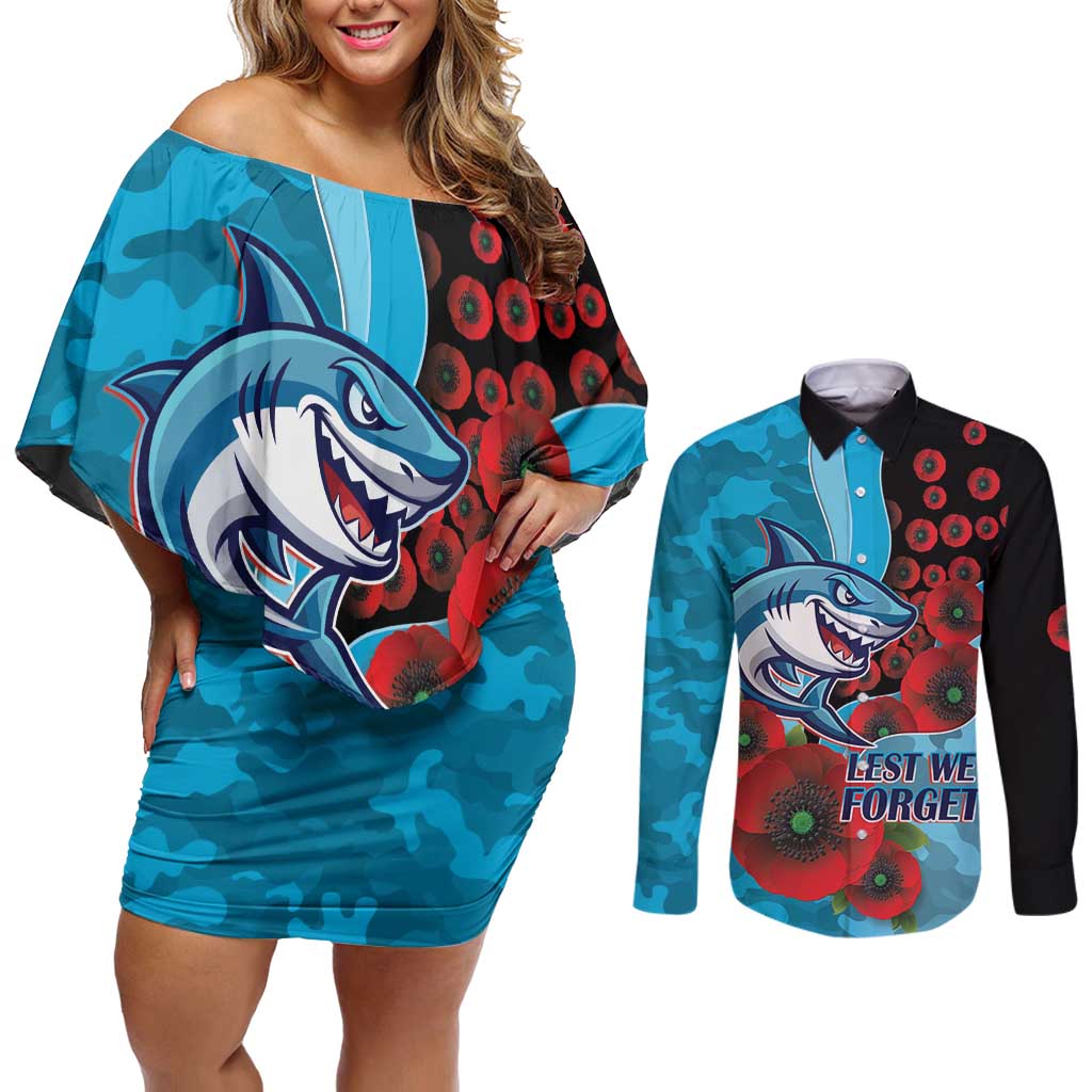 Cronulla-Sutherland Sharks ANZAC Personalised Couples Matching Off Shoulder Short Dress and Long Sleeve Button Shirt Lest We Forget Poppy Camo